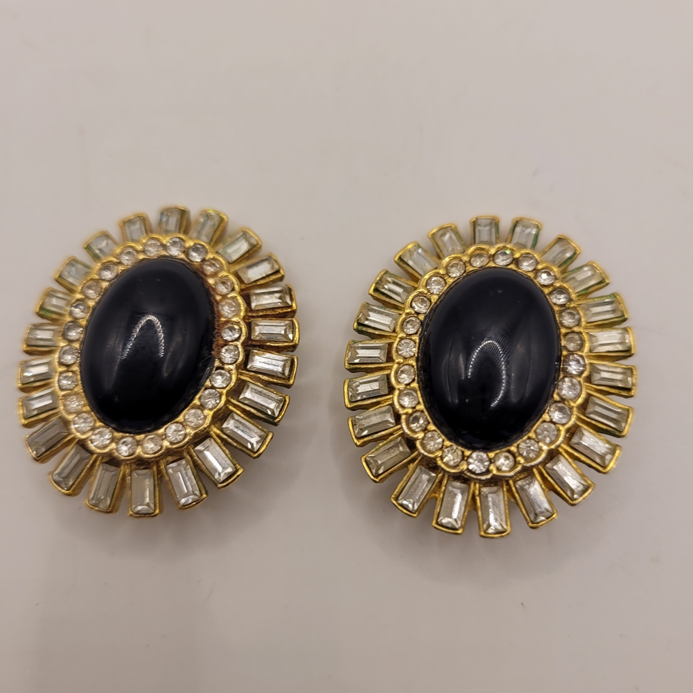 Black Canochon Rhinestone Clip Earrings